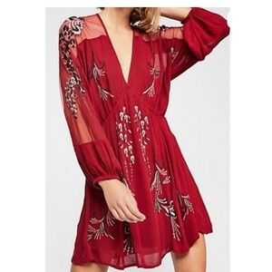 Free People Bonjour Floral Embroidered Long Sleeve Mini Dress Size Small Red
